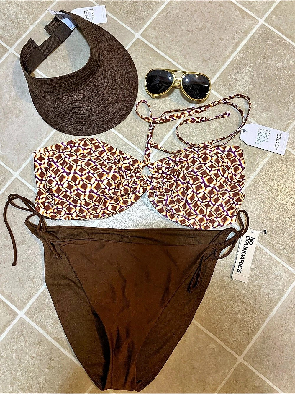 Geometric Bikini Set in Brown & Multicolor Swim Bundle NWT